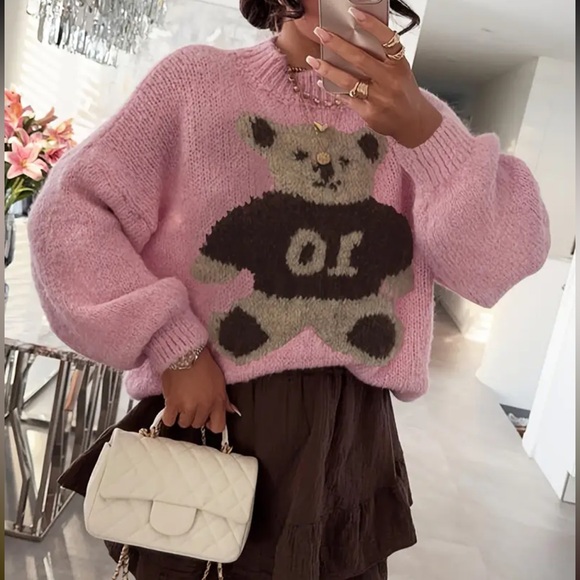 Sweaters - Pink bear knit Sweater with Bear Design
